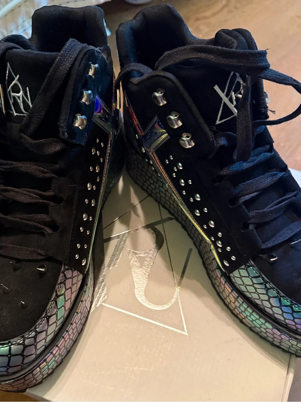 Y.R.U. Black Platform Sneakers with Iridescent Rainbow Scales and Pink Accents